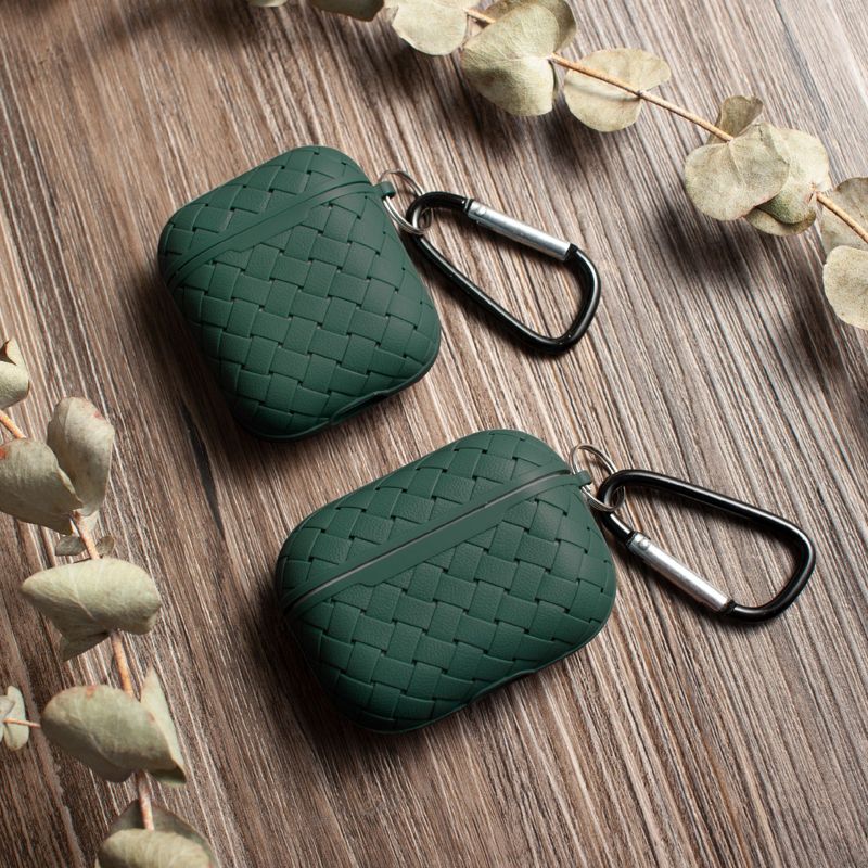 Insten Case Compatible with AirPods 1 & 2 - Weave Shape Protective Skin Cover with Keychain, Green, 1 of 10