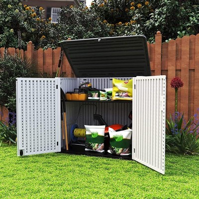 Syemin Storage Shed, Waterproof Storage Shed, Double Shelves for Cleaning Tools and Garden Accessories, Brown, 53.2"*34.3"*47.1"