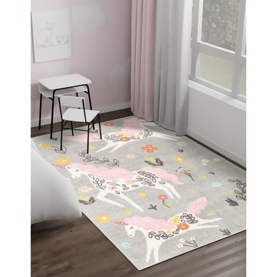Gray Floral Synthetic Kids Rectangular Area Rug