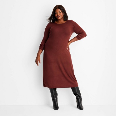 Women s Long Sleeve Ribbed Midi Bodycon Dress A New Day Brown Xxl Target