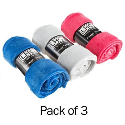 Fleece Throw Blanket- Set of 3- Blue, Gray & Pink Plush 60x50" Blankets- Soft & Cozy for Travel, Outdoors & Lounging on the Sofa by Hastings Home