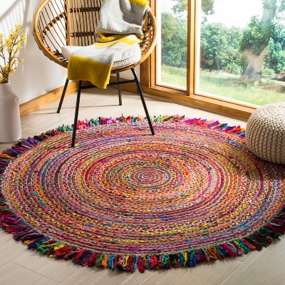 Handmade Multicolor Round Cotton and Wool Area Rug, 8' Diameter