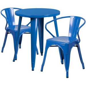 Emma and Oliver Commercial Grade 24" Round Blue Metal Indoor-Outdoor Table Set with 2 Arm Chairs - 1 of 4