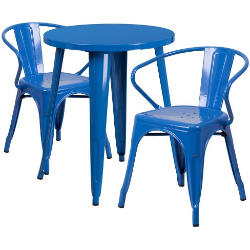 Emma and Oliver Commercial Grade 24" Round Blue Metal Indoor-Outdoor Table Set with 2 Arm Chairs - image 1 of 4