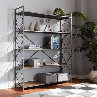 65" Quatrefoil Accent Oak Wood & Black Iron Bookshelf