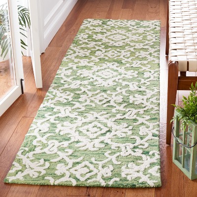 Handmade Green and Ivory Floral Wool Runner Rug, 2'3" x 8'