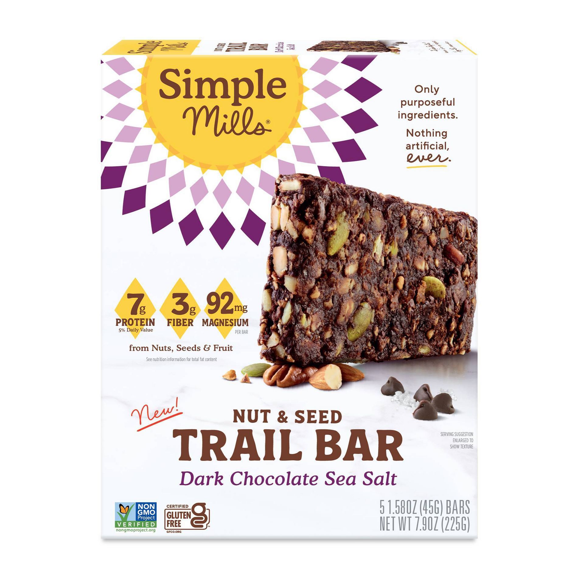 Simple Mills Nut & Seed Trail Snack Bar Dark Chocolate Sea Salt - 7g Protein - 7.9oz/5ct