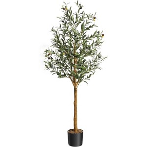 2pcs Artificial Olive Tree,5ft Faux Silk Plant for Home Office Decor with Moss,Black Nursery Pot,Artificial Silk Plant,Wood Trunk and Realistic Fruit - 1 of 4