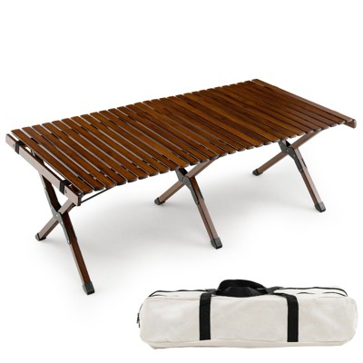 Tangkula Folding Wooden Camping Table Portable Picnic Table w/ Carry Bag  Roll-up Bamboo Tabletop Outdoor Travel Camping Table Coffee