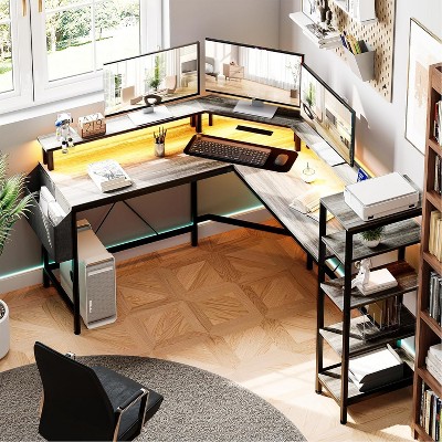 62in L-Shaped Computer Gaming Desk with LED Lights & Power Outlets, Monitor Stand, Corner Workstation for Home Office, Dorm, Studio, Apartment, Gray