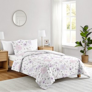 Sweet Jojo Designs Girl Twin Comforter Bedding Set Watercolor Floral Purple Pink and Grey 2pc. - 1 of 4