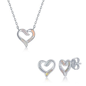 Opalata Sterling Silver White Inlay Opal Heart Earrings and 18" Pendant Necklace Set - 1 of 4