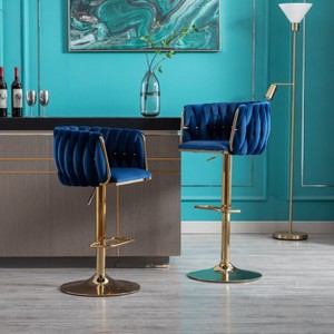 TiramisuBest Set of 2 Velvet Bar Stools with Chrome Footrest & Base, Swivel Height Adjustable Mechanical Lift, Golden Legs, Modern Navy - 1 of 4