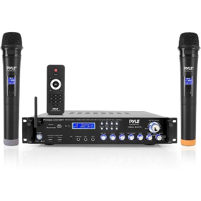 Pyle PWMA4004BT Powerful 3000 Watt 4 Channel Bluetooth Hybrid Amplifier Receiver with 2 Battery Powered Handheld Microphones and Remote Control