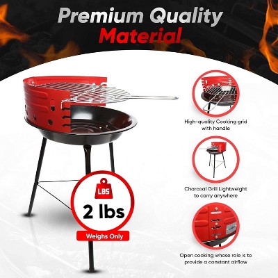 Portable 14-inch Black and Red Charcoal Grill with Stainless Steel Grate