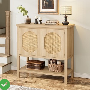 35.5 Inch Rattan Entryway Console Table Slim Sofa Side Table with Storage Cabinet & Open Shelf - 1 of 4