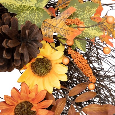 24-Inch Fall Artificial Thanksgiving Wreath with Sunflowers and Pine Cones