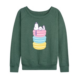 Women's - Peanuts - Snoopy Stacked Macarons Lightweight French Terry Wide Neck Long Sleeve Shirt - 1 of 4