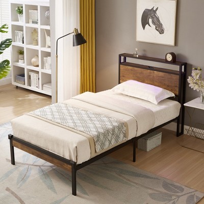 ALEXOUN Bed Frame Industrial Metal Platform Bed,with2-Tier Storage Headboard and Footboard & Under Bed Storage,No Box Spring Needed,Brown