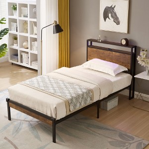 ALEXOUN Bed Frame Industrial Metal Platform Bed,with2-Tier Storage Headboard and Footboard & Under Bed Storage,No Box Spring Needed,Brown - 1 of 4