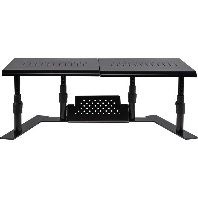 Black Adjustable Metal Dual Monitor Stand with Phone Holder