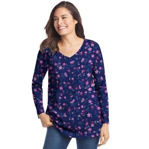 Woman Within Perfect Printed Long-Sleeve V-Neck Tee - 1 of 4