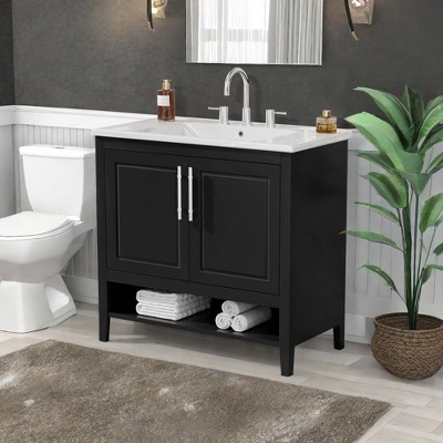 NicBex 36" Bathroom Storage Cabinet with Sink, Morden Bathroom Vanity, 2 Spacious Cabinet Doors, 2 Two-Tier Drawers, 1 Open Shelf for Bathroom, Black