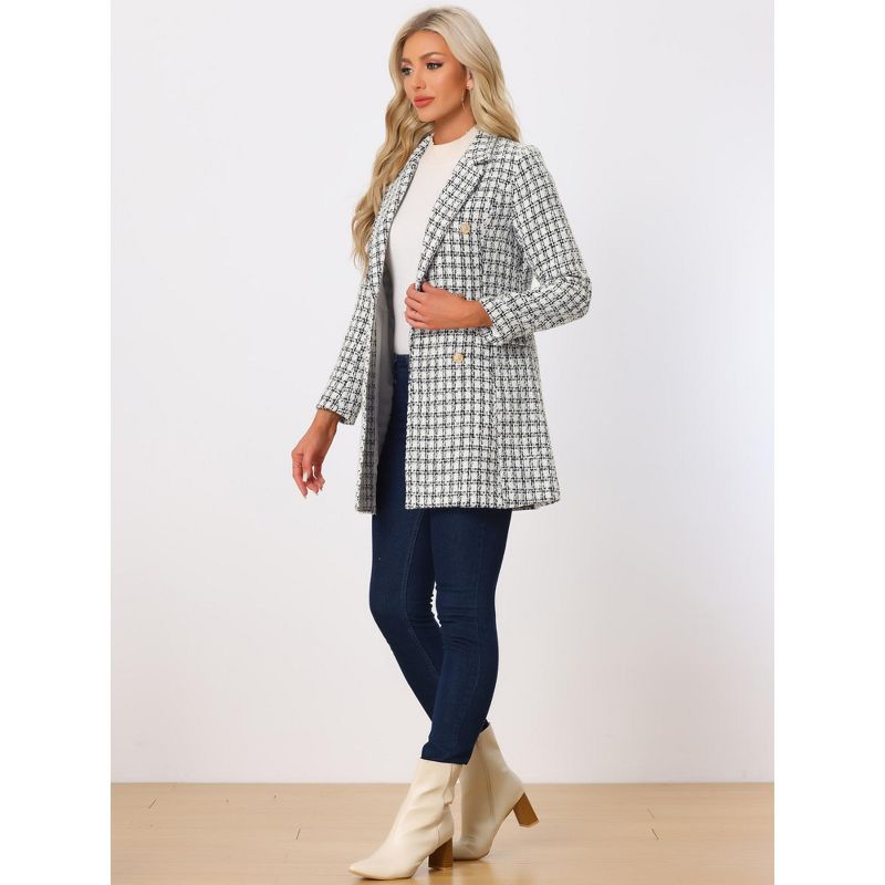 Allegra K Women's Notched Lapel Collar Coat Elegant Double-Breasted Plaid Tweed Blazer Outerwear, 3 of 6