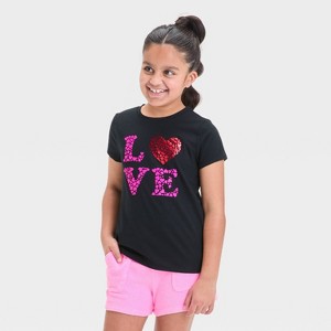 Girls' Short Sleeve Valentine's Day 'Love' Graphic T-Shirt - Cat & Jack™ Black - 1 of 4