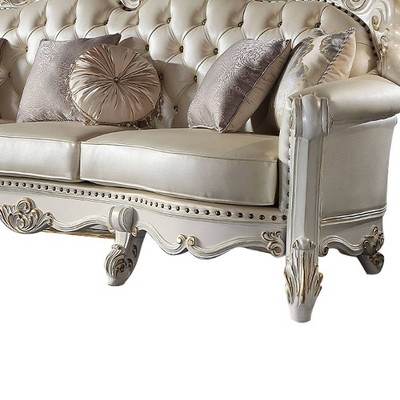 113" Pearl White Tufted Faux Leather Sofa with Nailhead Trim