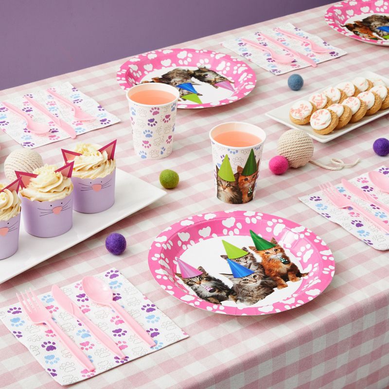 Juvale 144-Pieces of Kitten Party Supplies with Cat Birthday Paper Plates, Napkins, Cups, and Cutlery, Serves 24, 2 of 8