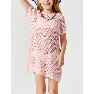 Girls Beach Cover Ups Short Sleeve Boho Crochet Beach Dress Lightweight Sweater Cover Ups for Girls Bathing Suits
