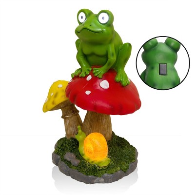 Solar-Powered Frog on Mushroom Polyresin Garden Statue with LED Eyes