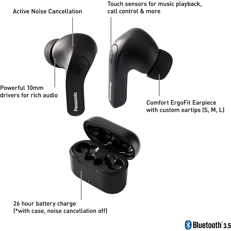 Panasonic ErgoFit True Wireless Earbuds with Noise Cancelling, in Ear Headphones with Bluetooth 5.3, XBS Powerful Bass, and Charging Case - RZ-B310W, 2 of 9