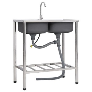 vidaXL Camping Sink Double Basins with Tap Stainless Steel - 1 of 4