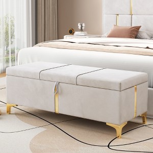 47"W Upholstered Storage Ottoman, Bench, Footrest with Metal Legs, Beige/Black-ModernLuxe - 1 of 4