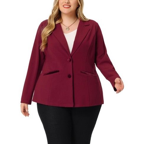 Agnes Orinda Women s Plus Size Button Down Notched Lapel Office Blazers Burgundy 2X