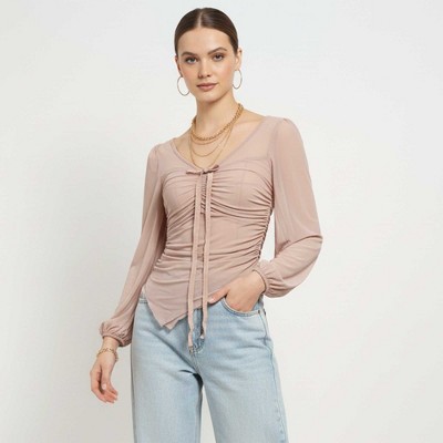 Cherie Code Women’s Mesh Tie‑Front Long Sleeve Top – Sheer Panel Ruched Knit Blouse