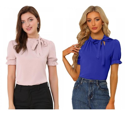 Allegra K Women's Elegant Bow Tie Neck Elastic Cuffs Office Short Sleeve Blouse 2 Pcs
