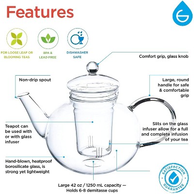 Monaco Clear Glass Teapot with Infuser, 42 oz