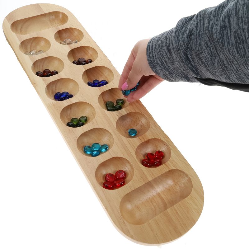 WE Games Mancala Board Game - 22 in., Solid Natural Wood Board and Glass Stones, 4 of 9