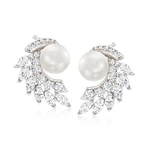 Ross-Simons 6.5-7mm Cultured Pearl and 1.50 ct. t.w. CZ Curved Cluster Earrings in Sterling Silver - 1 of 3