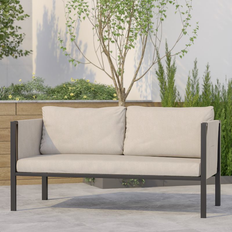 Emma and Oliver Indoor Outdoor Patio Loveseat, Steel Framed Club Chair with Cushions and 2 Storage Pockets, 3 of 11