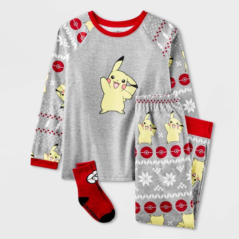 Girls' Pokemon Pikachu Fair Isle 2pc Pajama Set with Socks - Gray, 1 of 5