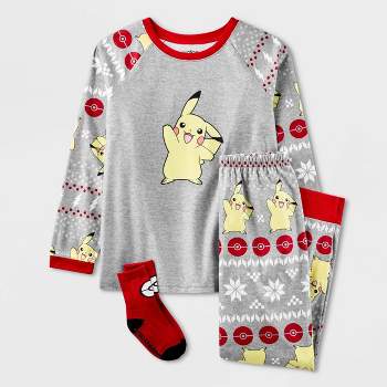 Girls' Pokemon Pikachu Fair Isle 2pc Pajama Set with Socks - Gray