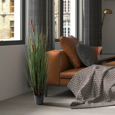 Lifelike 48" Green Grass and Cattails Potted Arrangement in Black Planter