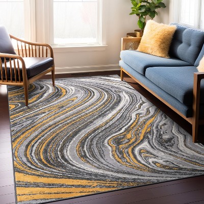 Yellow and Gray Abstract Swirl 5' x 7' Stain-Resistant Synthetic Rug