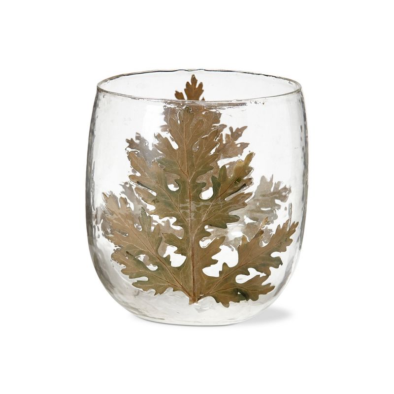 tag Botanica Clear Glass Pillar Candle Holder with Embedded Large Leaf Hurricane, 5.9L x 5.9W x 6.3H, 1 of 4