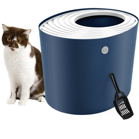 Iris Usa Large Stylish Round Top Entry Cat Litter Box With Scoop Curved Kitty Litter Pan With Litter Particle Catching Navy white Target