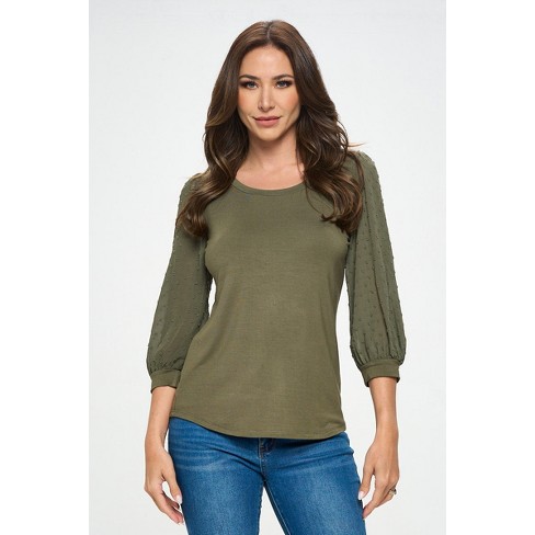 Max Studio Women's Lace Trim 3/4 LV Knit Top, Army, Small at  Women's  Clothing store